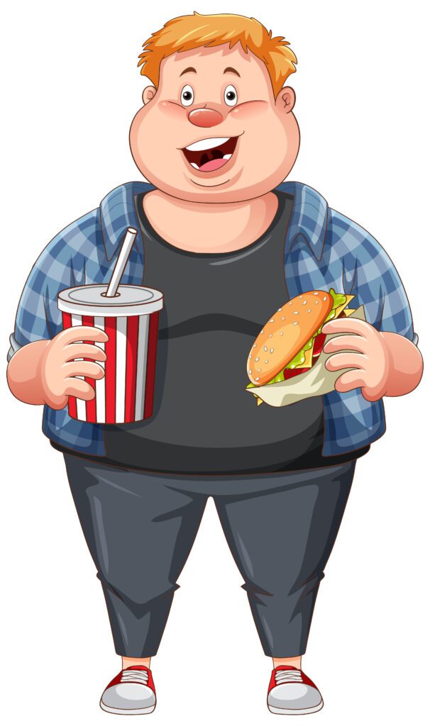 An overweight person holding junk food in his hands.